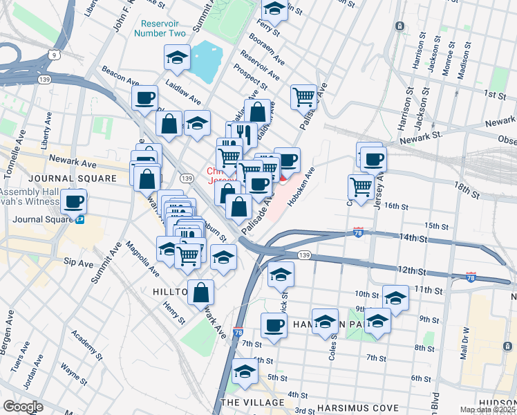 map of restaurants, bars, coffee shops, grocery stores, and more near 91 Palisade Avenue in Jersey City