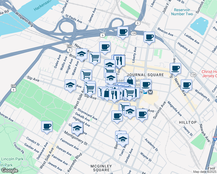 map of restaurants, bars, coffee shops, grocery stores, and more near 111 Garrison Avenue in Jersey City