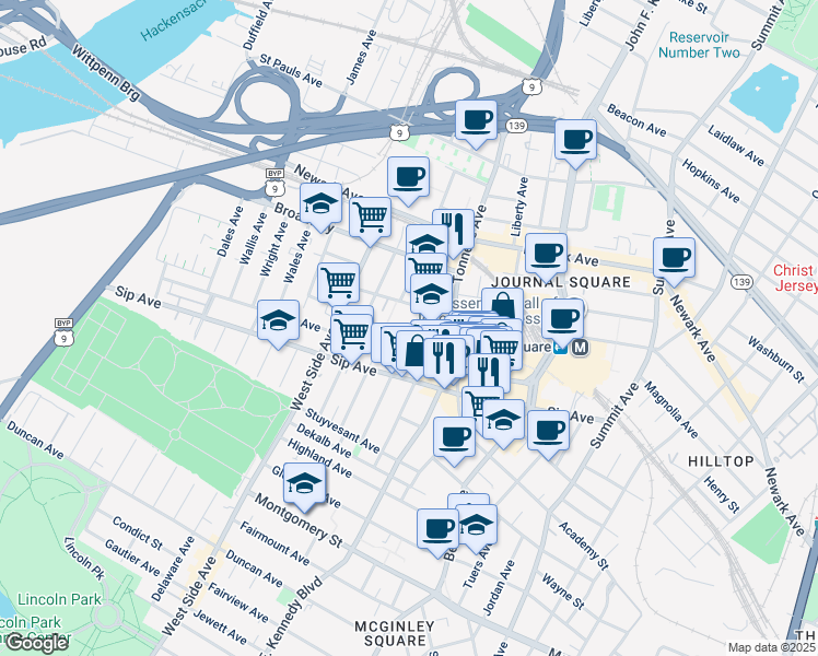 map of restaurants, bars, coffee shops, grocery stores, and more near 111 Garrison Avenue in Jersey City