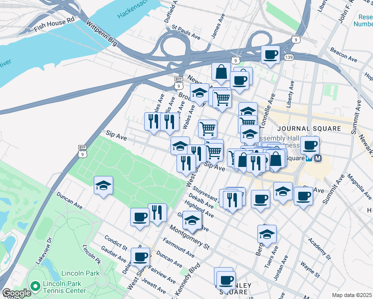 map of restaurants, bars, coffee shops, grocery stores, and more near in Jersey City