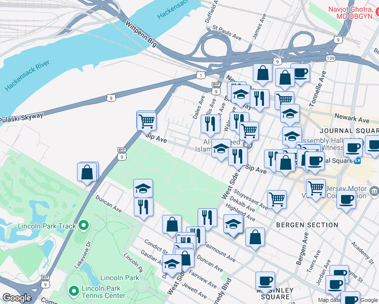 map of restaurants, bars, coffee shops, grocery stores, and more near 2 Emerson Avenue in Jersey City