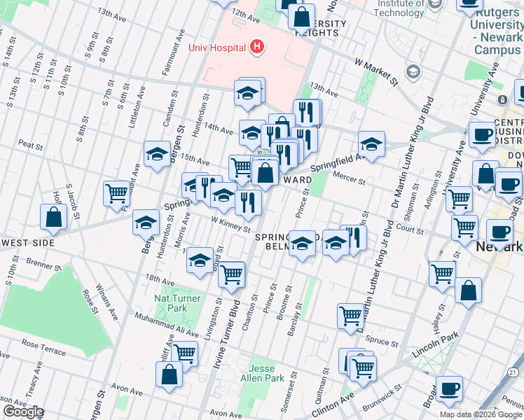 map of restaurants, bars, coffee shops, grocery stores, and more near 65b Irvine Turner Boulevard in Newark
