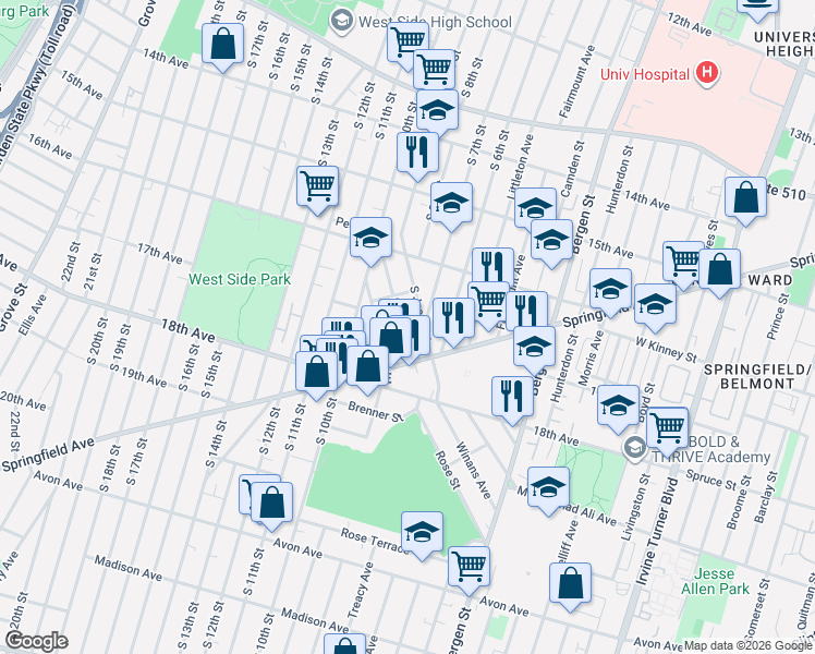 map of restaurants, bars, coffee shops, grocery stores, and more near 456 Springfield Avenue in Newark