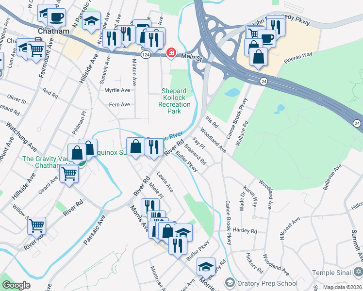 map of restaurants, bars, coffee shops, grocery stores, and more near 131 Butler Parkway in Summit