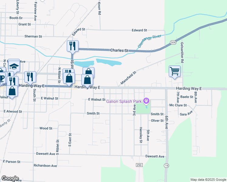 map of restaurants, bars, coffee shops, grocery stores, and more near 144 1st Avenue in Galion