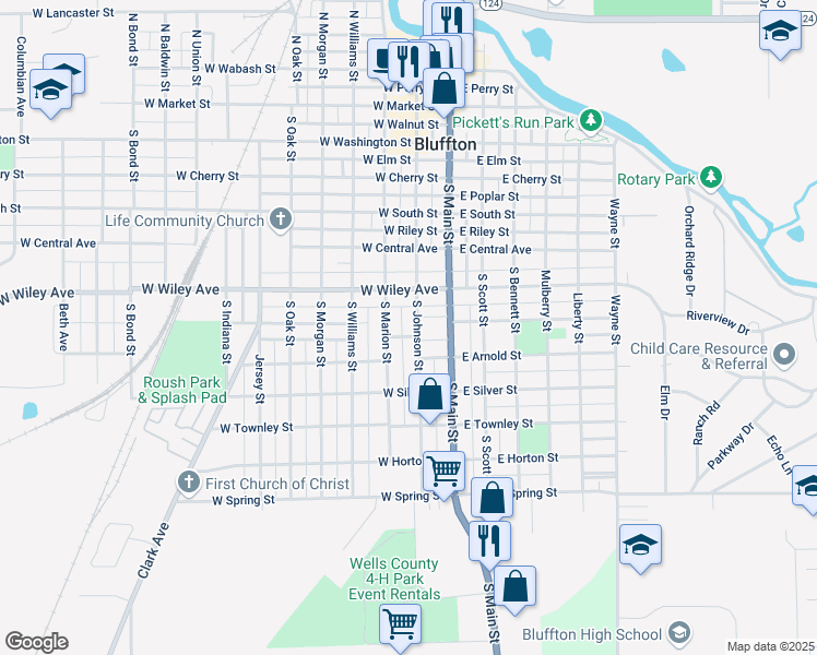 map of restaurants, bars, coffee shops, grocery stores, and more near 716 South Johnson Street in Bluffton