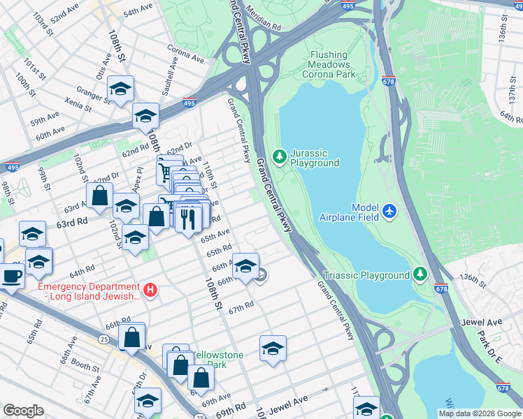 map of restaurants, bars, coffee shops, grocery stores, and more near 64-34 Grand Central Parkway in Queens