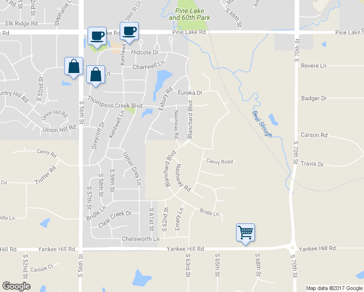 map of restaurants, bars, coffee shops, grocery stores, and more near 7730 Blanchard Boulevard in Lincoln