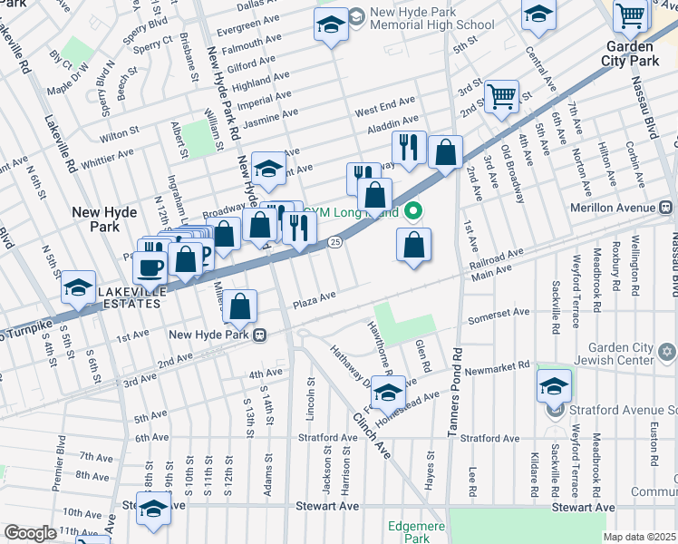 map of restaurants, bars, coffee shops, grocery stores, and more near 26 South 18th Street in New Hyde Park