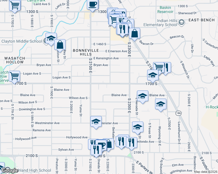map of restaurants, bars, coffee shops, grocery stores, and more near 2185 Blaine Avenue in Salt Lake City