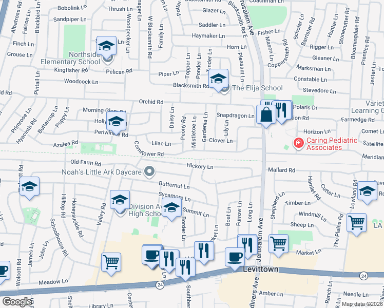 map of restaurants, bars, coffee shops, grocery stores, and more near 67 Hickory Lane in Levittown