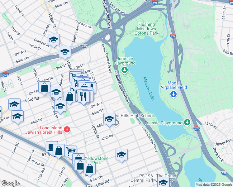map of restaurants, bars, coffee shops, grocery stores, and more near 110-36 65th Avenue in Queens