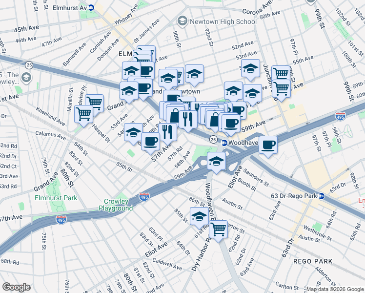map of restaurants, bars, coffee shops, grocery stores, and more near 87-6 58th Avenue in Queens