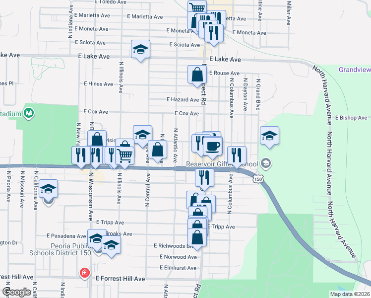 map of restaurants, bars, coffee shops, grocery stores, and more near 3714 North Vincent Avenue in Peoria Heights