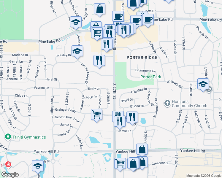 map of restaurants, bars, coffee shops, grocery stores, and more near 7730 South 26th Street in Lincoln