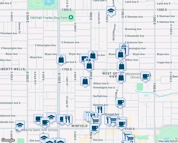 map of restaurants, bars, coffee shops, grocery stores, and more near 1740 900 East in Salt Lake City