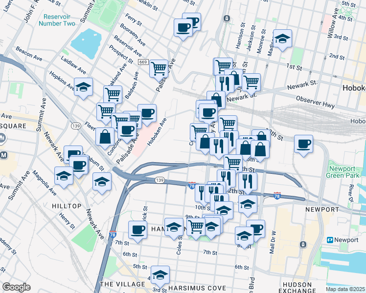 map of restaurants, bars, coffee shops, grocery stores, and more near in Jersey City