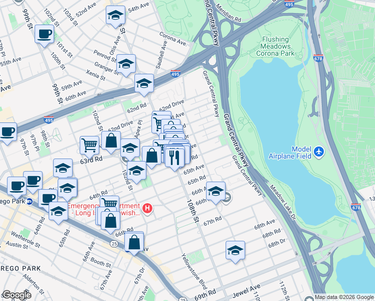map of restaurants, bars, coffee shops, grocery stores, and more near 108-34 64th Road in Queens