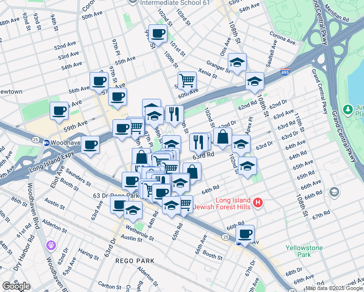 map of restaurants, bars, coffee shops, grocery stores, and more near 98-20 62nd Drive in Queens