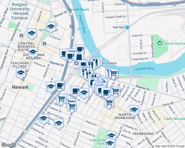 map of restaurants, bars, coffee shops, grocery stores, and more near 418 Market Street in Newark