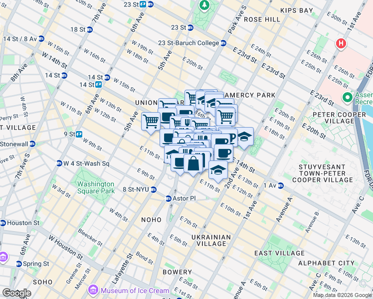 map of restaurants, bars, coffee shops, grocery stores, and more near 100 East 13th Street in New York