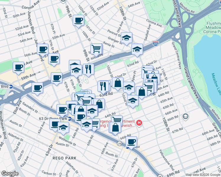 map of restaurants, bars, coffee shops, grocery stores, and more near 99-38 63rd Avenue in Queens