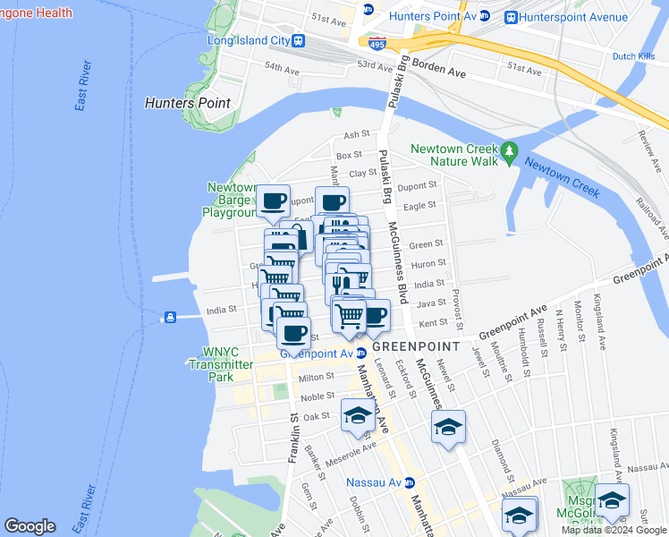 map of restaurants, bars, coffee shops, grocery stores, and more near 155 Huron Street in Brooklyn