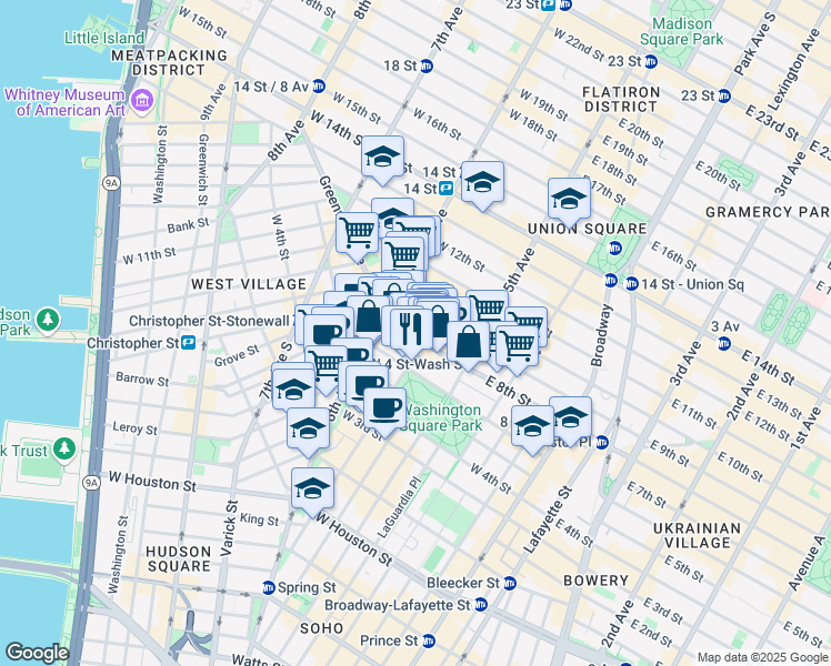 map of restaurants, bars, coffee shops, grocery stores, and more near 41 West 8th Street in New York