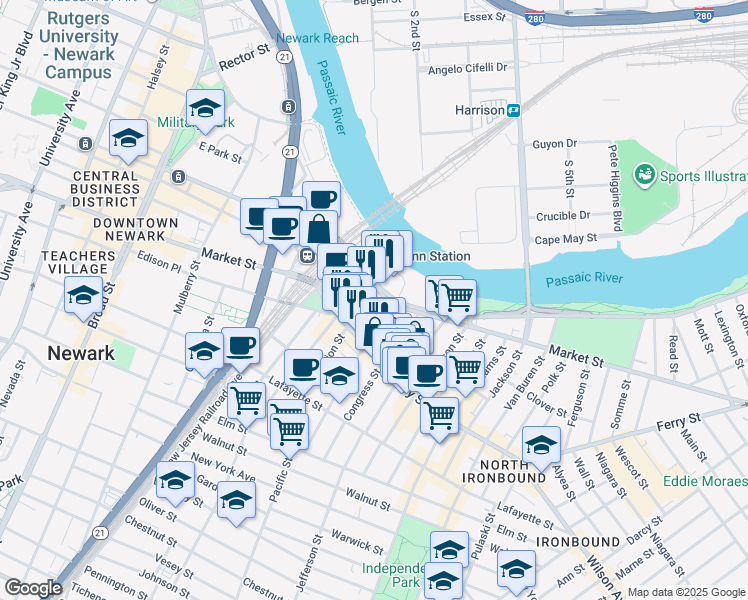 map of restaurants, bars, coffee shops, grocery stores, and more near 418 Market Street in Newark