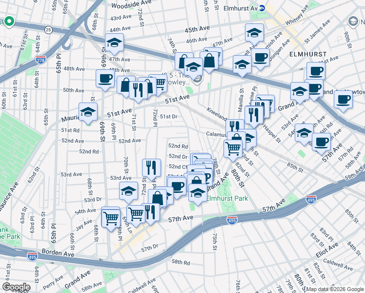 map of restaurants, bars, coffee shops, grocery stores, and more near 53 52nd Drive in Queens