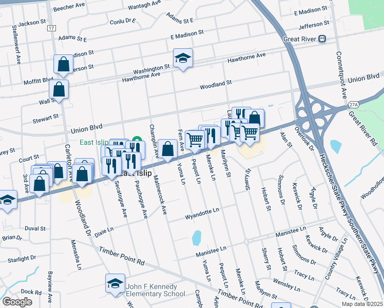 map of restaurants, bars, coffee shops, grocery stores, and more near East Main Street in Suffolk County