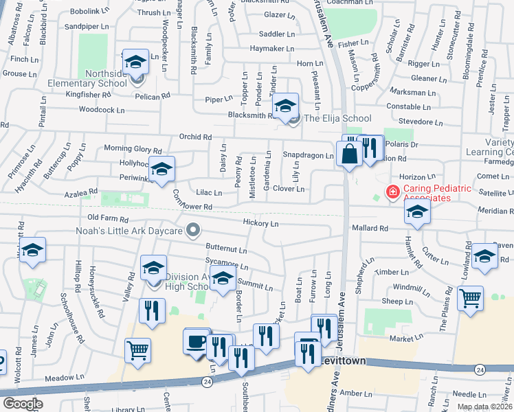 map of restaurants, bars, coffee shops, grocery stores, and more near 67 Hickory Lane in Levittown