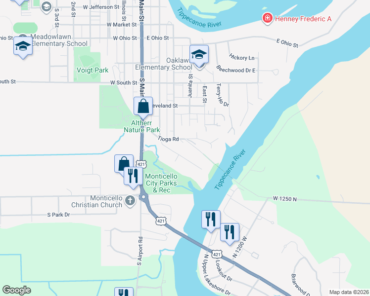 map of restaurants, bars, coffee shops, grocery stores, and more near 220-498 Armory Road in Monticello