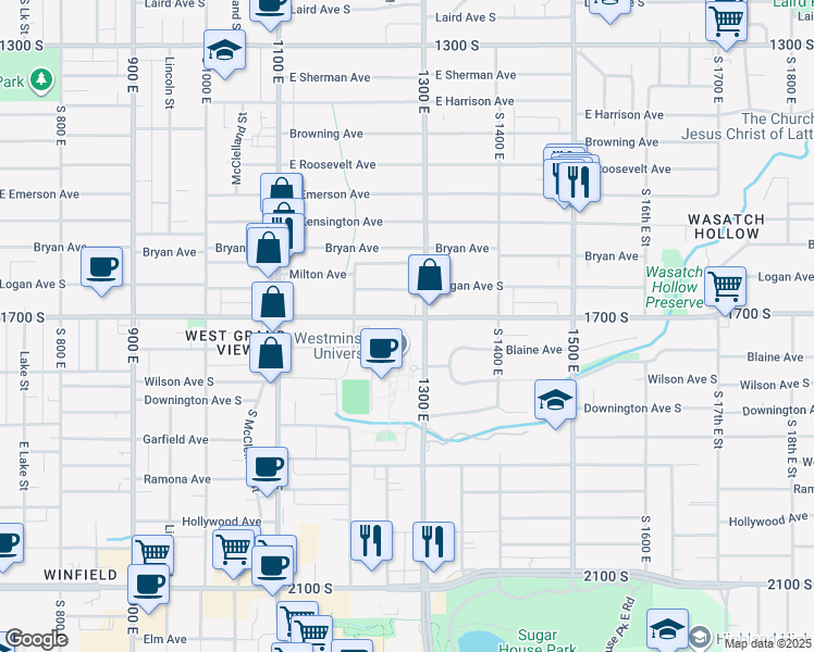 map of restaurants, bars, coffee shops, grocery stores, and more near 1840 South 1300 East in Salt Lake City