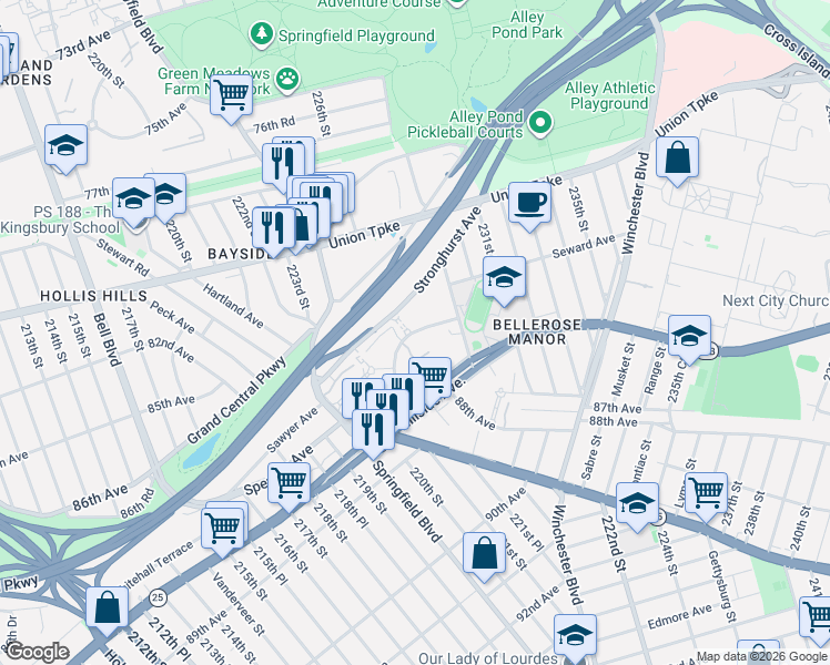 map of restaurants, bars, coffee shops, grocery stores, and more near 25 Stronghurst Avenue in Queens