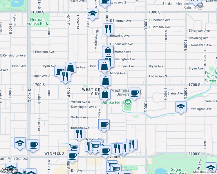 map of restaurants, bars, coffee shops, grocery stores, and more near 1701 1100 East in Salt Lake City