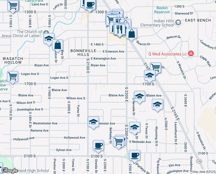 map of restaurants, bars, coffee shops, grocery stores, and more near 2200 East 1700 South in Salt Lake City