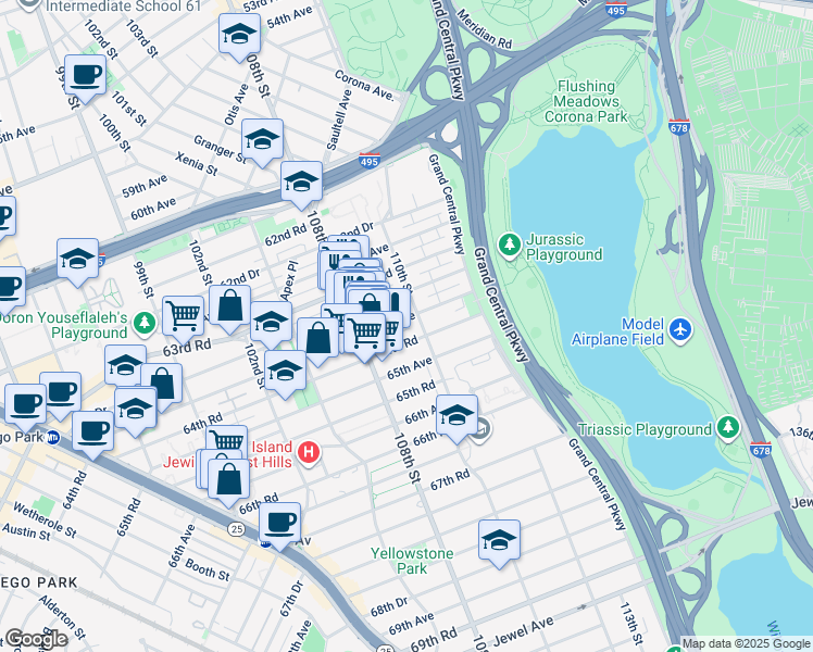 map of restaurants, bars, coffee shops, grocery stores, and more near 108-52 63rd Drive in Queens