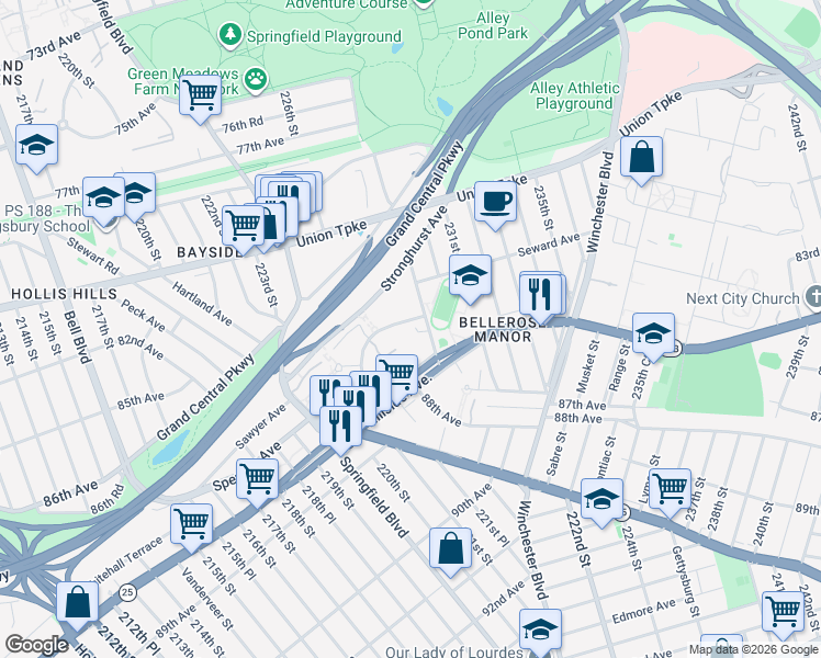 map of restaurants, bars, coffee shops, grocery stores, and more near 82-36 229th Street in Queens