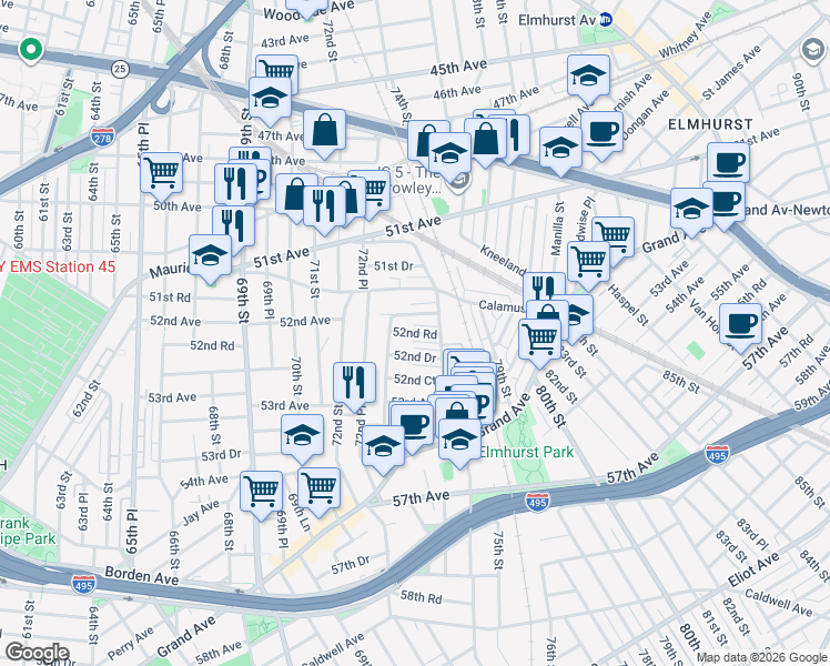 map of restaurants, bars, coffee shops, grocery stores, and more near 73-05 52nd Avenue in Queens