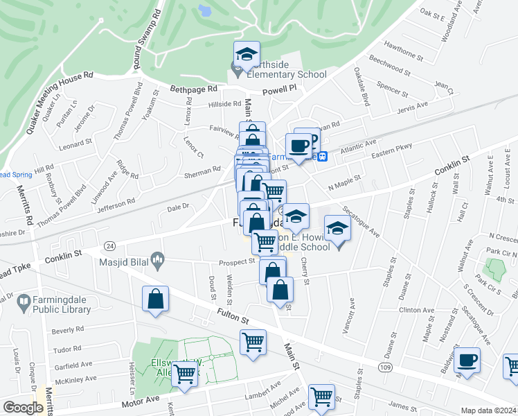 map of restaurants, bars, coffee shops, grocery stores, and more near 253 Main Street in Farmingdale