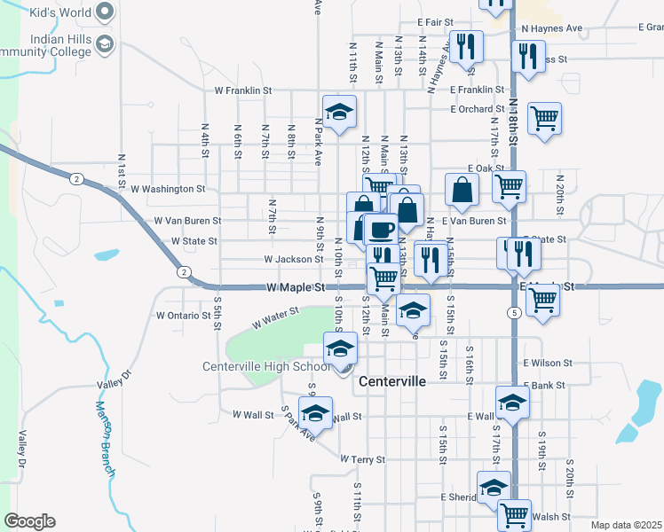 map of restaurants, bars, coffee shops, grocery stores, and more near 300-398 North 10th Street in Centerville