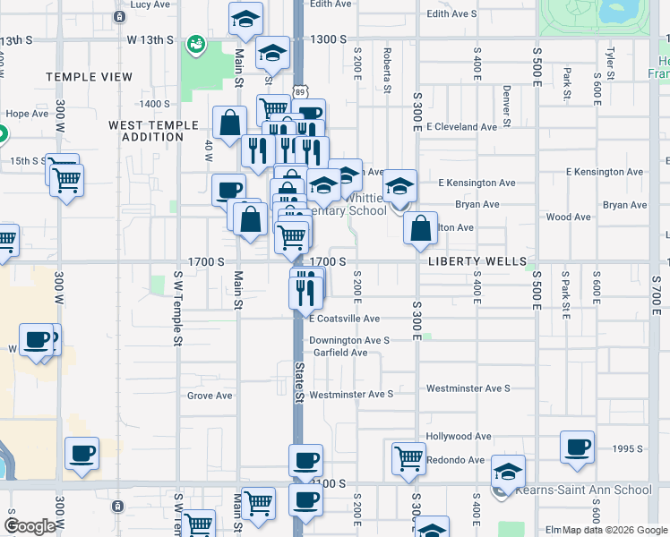 map of restaurants, bars, coffee shops, grocery stores, and more near 1705 Edison Street in South Salt Lake