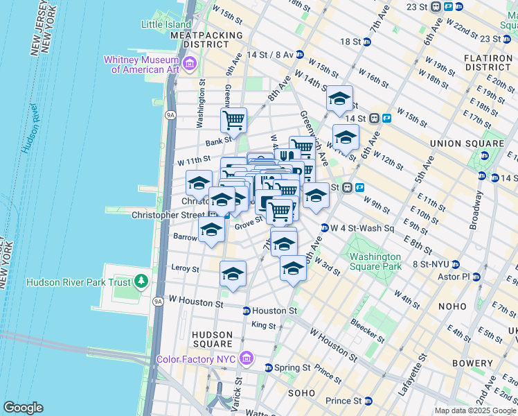 map of restaurants, bars, coffee shops, grocery stores, and more near 341 Bleecker Street in New York