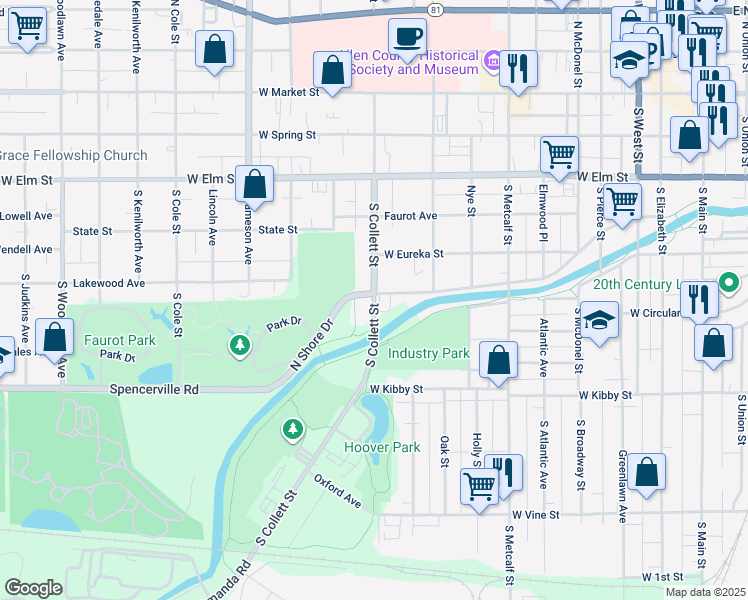 map of restaurants, bars, coffee shops, grocery stores, and more near 616 South Collett Street in Lima