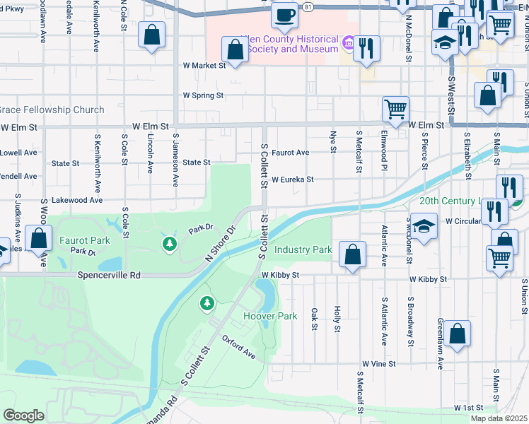 map of restaurants, bars, coffee shops, grocery stores, and more near 616 South Collett Street in Lima
