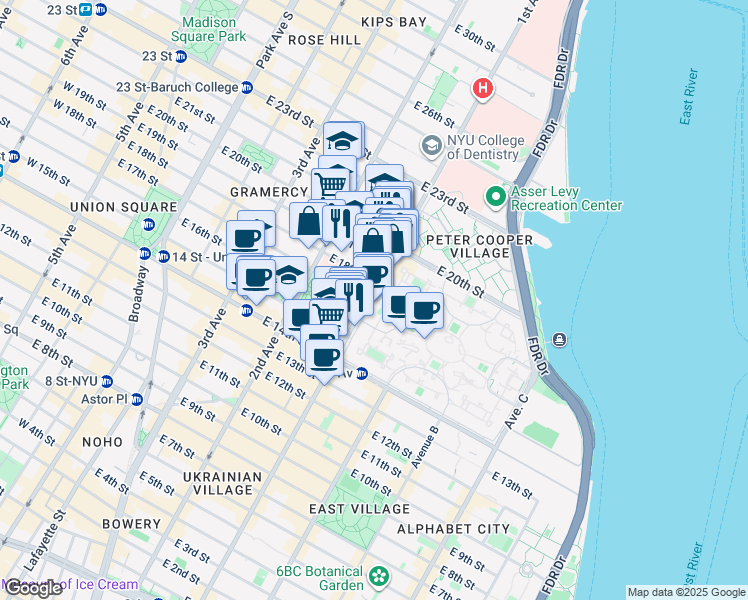 map of restaurants, bars, coffee shops, grocery stores, and more near 278 1st Avenue in New York