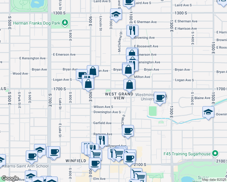 map of restaurants, bars, coffee shops, grocery stores, and more near 1008 East 1700 South in Salt Lake City
