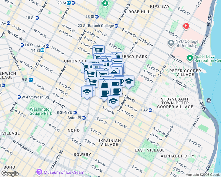 map of restaurants, bars, coffee shops, grocery stores, and more near 3rd Ave & E 14th St in New York