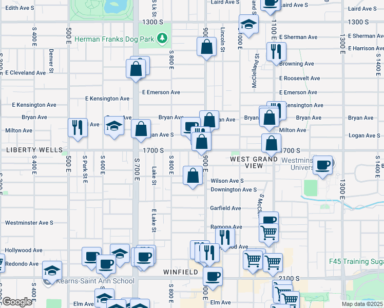 map of restaurants, bars, coffee shops, grocery stores, and more near 854 East 1700 South in Salt Lake City